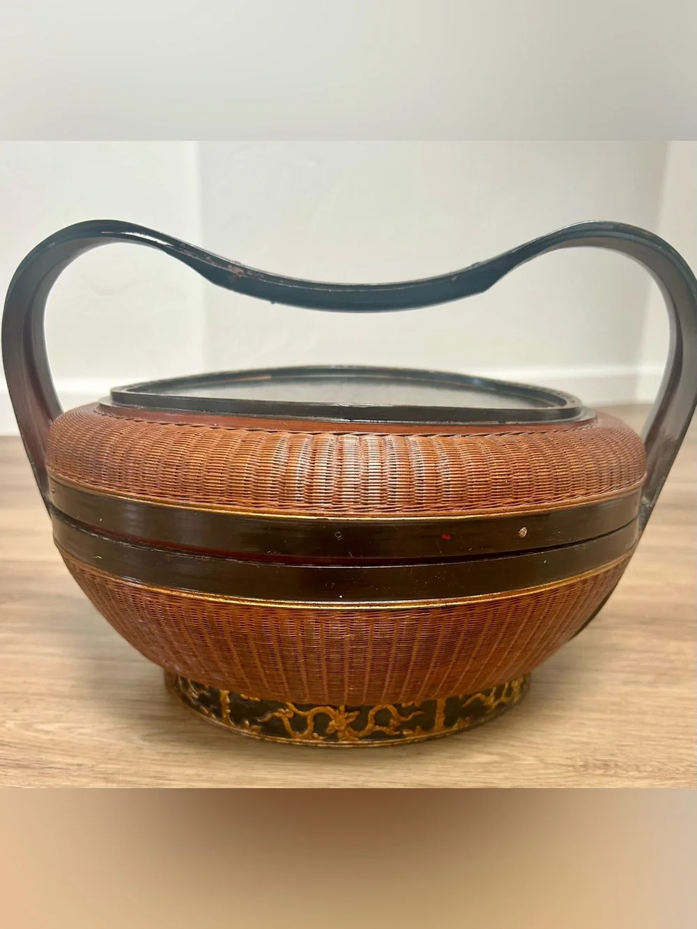 Antique Hand Painted Chinese Wedding Basket Woven Bamboo Rattan Wood